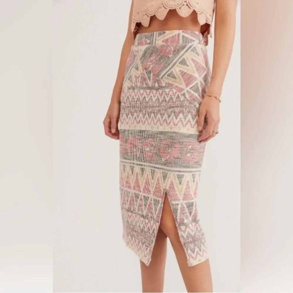 Free People Mendocino Woven Pencil Midi Skirt Southwestern front Slit size small